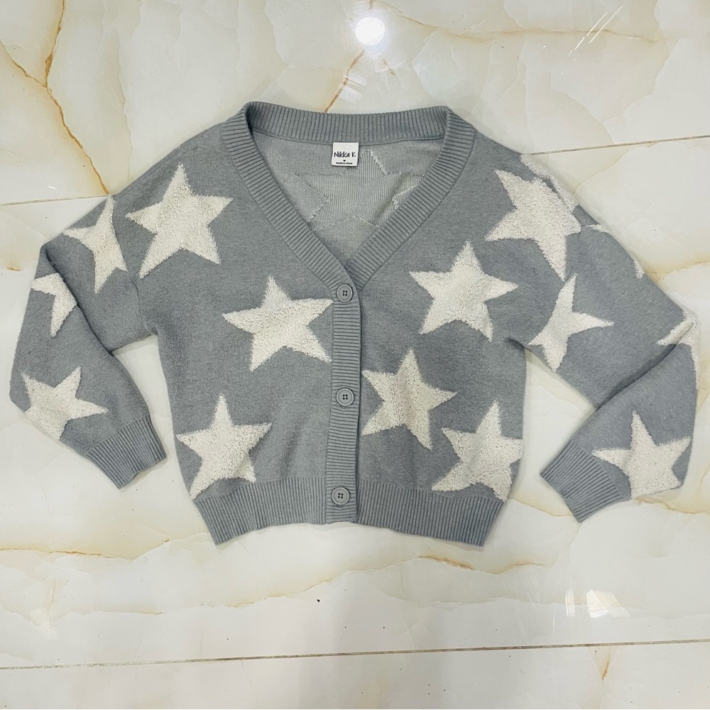 Nikka K Starry Gray Button Front Soft  Cardigan Womens Size M Textured Stars